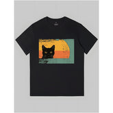 CusPrinting black / S A men's cotton T-shirt mystic black cat peeking through colorful stripes family holiday gifts, parties, birthdays