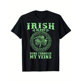 CusPrinting black / S "Irish Blood Runs Through My Veins" St. Patrick's Day T-Shirt - 100% Cotton, Breathable & Comfortable, Ideal for Outdoor Activities, Casual Wear, Sizes S-XXXL