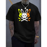CusPrinting black / S Men's Casual Crew Neck T-Shirt with Unique Bunny Skull Design - Soft and Machine Washable - Perfect for Summer