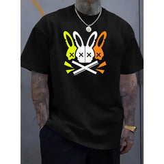 CusPrinting black / S Men's Casual Crew Neck T-Shirt with Unique Bunny Skull Design - Soft and Machine Washable - Perfect for Summer