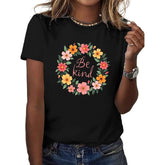 CusPrinting black / S Women's Casual Short Sleeve T-Shirt - Be Kind Floral Wreath Print,, Soft Breathable Fabric, Machine Washable - Mother's Day & Father's Day Gift, Summer Fashion Top for Daily Comfort, Comfortable Clothing, Playful Print Shirt, Nonelastic Fabric