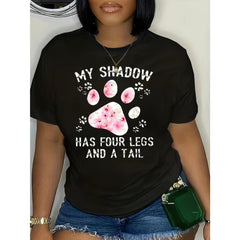 CusPrinting black / S Women's casual t-shirt - bright floral and paw print design, "My shadow has four legs and a tail" text, soft medium stretch fabric, crew neck, spring and summer tops, plus size clothing | playful graphic t-shirt | comfortable fit