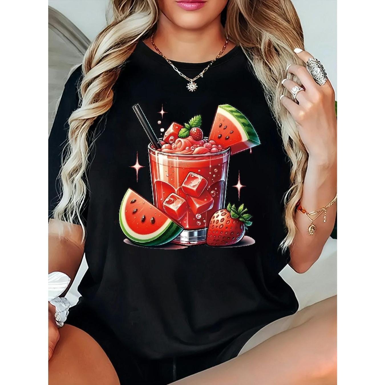 CusPrinting black / S Women'sBlack Crew Neck T-Shirt - Vibrant Watermelon & Strawberry Drink Print, Micro Stretch Fabric, Casual Short Sleeve Summer Top, Comfortable Fit, Perfect Gift for Food Lovers, Crew Neck Tee | Nontransparent Material