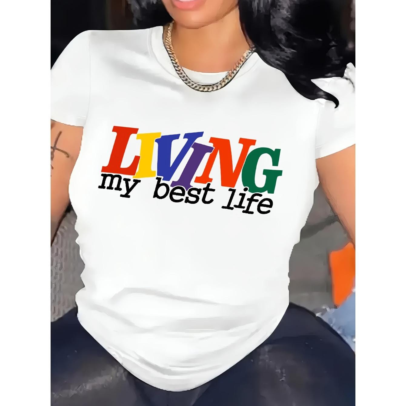 CusPrinting Mother's Day Women's Short Sleeve Crew Neck T-Shirt - "LIVING MY BEST LIFE" Colorful Geometric Letter Print, All-Season Casual Top, Machine Washable Comfort Fit, Cute T Shirts, Everyday Comfort, Bold Print Tee, Relaxed Fit Tee