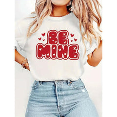 CusPrinting white / S Be Mine" Valentine's Day Women's T-Shirt - Casual Round Neck, Short Sleeve, Soft & Comfortable, White with Red Heart Print, Lightweight , Perfect for Summer Fashion and Casual Attire
