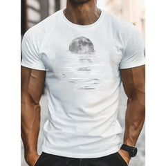 CusPrinting white / S Men's Stylish Moon Creative Print T-Shirt, Crew Neck Short Sleeve, Casual Tee, Versatile Top For Spring And Summer, Trendy Streetwear Fashion