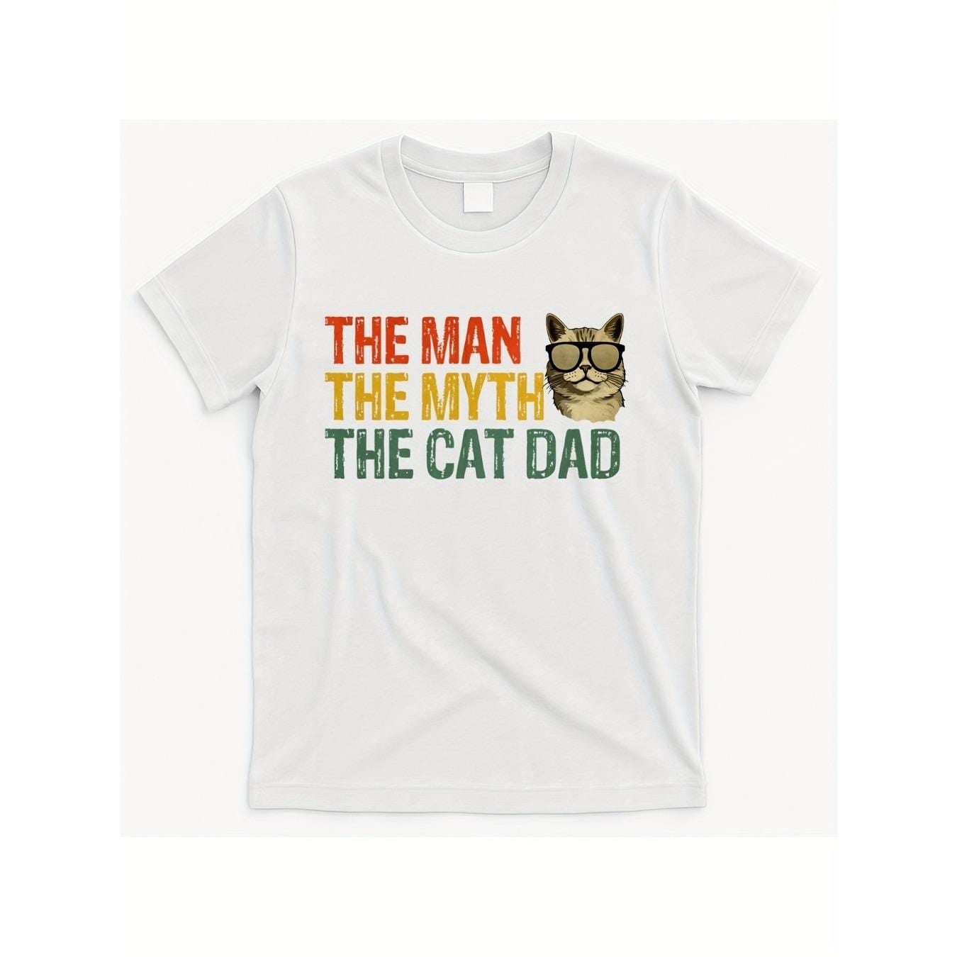 CusPrinting white / S Men'S Vintage "The Man, The Myth, The Cat Dad" Graphic T-Shirt - Retro Anime Cat Design, Cotton, Round Neck, Short Sleeve, All-Season Comfort Fit, Cat Dad T Shirts