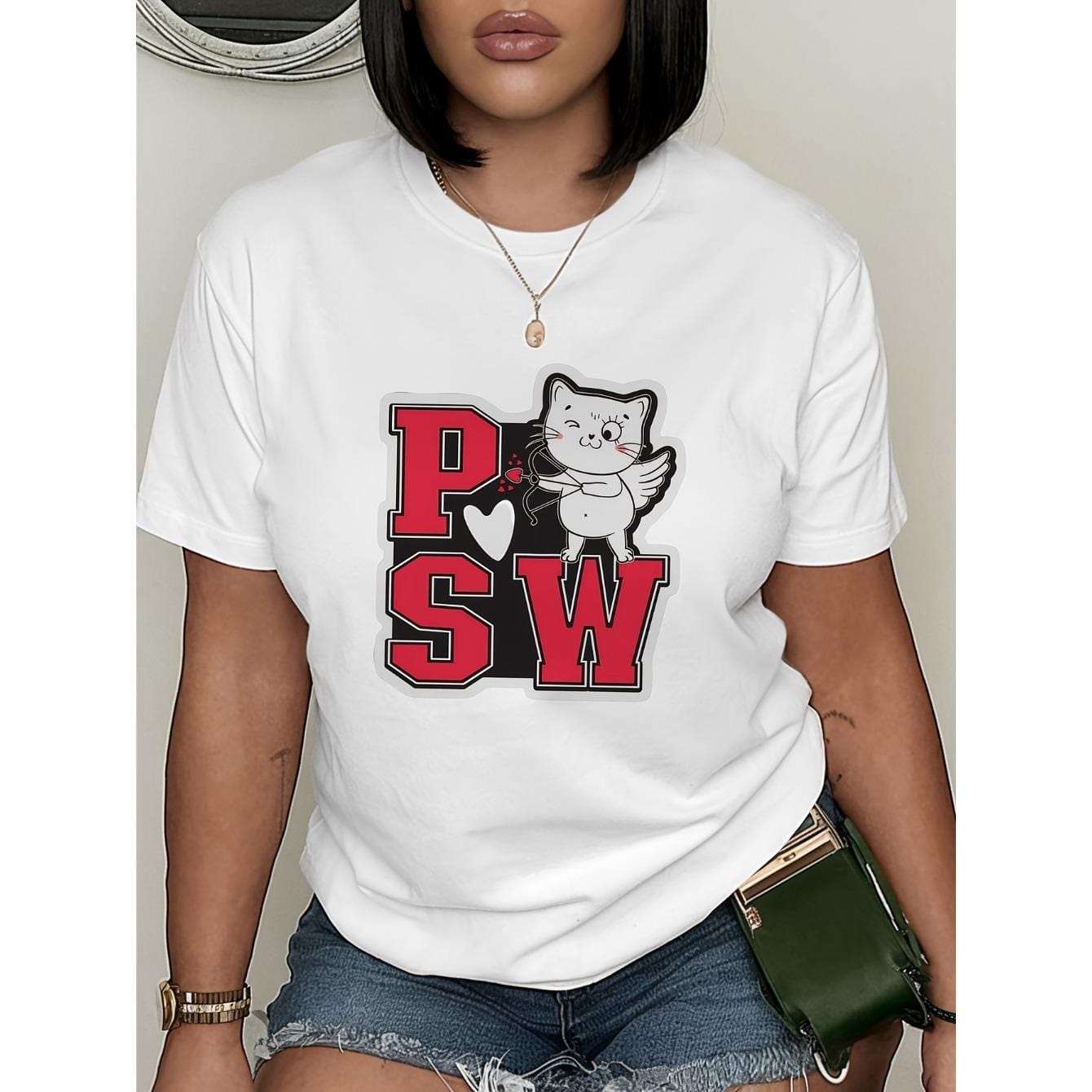 CusPrinting white / S PSW Graphic Print Round Neck Short Sleeves White T-Shirt for Women