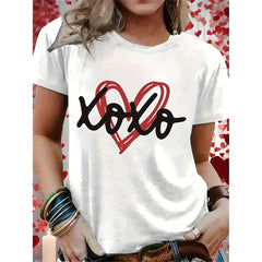 CusPrinting white / S Valentine's Day Heart Print Women's T-Shirt - Casual Short Sleeve, Round Neck, Machine Washable