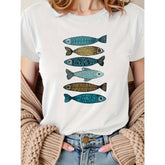 CusPrinting white / S Women's casual short sleeve t-shirt with vibrant feminine fish graphic print - white, machine washable, comfortable casual wear for all seasons, women's t-shirt, summer wear, playful design, soft fabric texture, comfortable top, short sleeve top