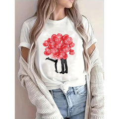 CusPrinting white / S Women's Clothing 100% Cotton Valentine's Day Couple Heart Kiss Print Fashion Casual Short Sleeve T-Shirt, Crew Neck T-Shirt, Regular Length, Knitted Fabric, All Season T-Shirts for Adults, Mens, Womens, Teens, Teens, Youth