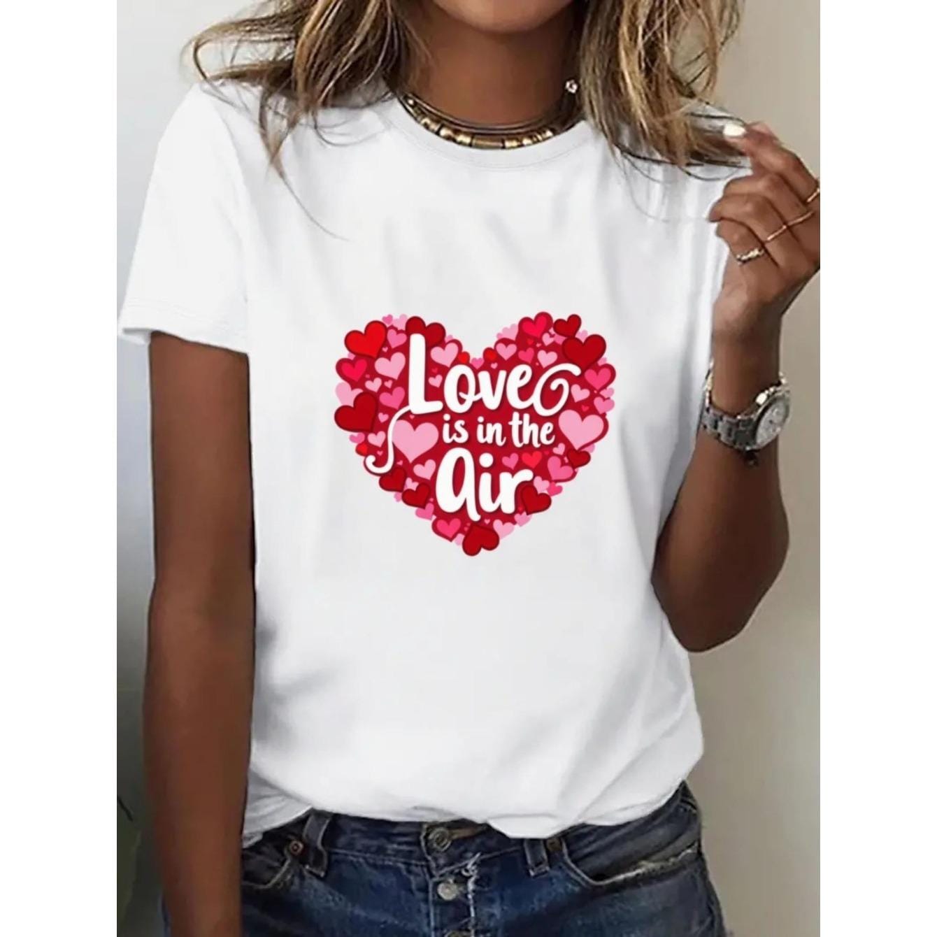 CusPrinting white / S Women's clothing 100% pure cotton 180g-Women's Romantic Valentine's Day Red Heart & Bow Print Short Sleeve T-Shirt - SweetChic, Ideal for Dates & Daily Wear
