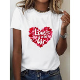 CusPrinting white / S Women's clothing 100% pure cotton 180g-Women's Romantic Valentine's Day Red Heart & Bow Print Short Sleeve T-Shirt - SweetChic, Ideal for Dates & Daily Wear