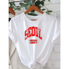 CusPrinting white / S Women's Fashion "SEOUL" Graphic T-Shirt - Casual Crew Neck, Short Sleeve, Breathable, Suitable for Work and Party