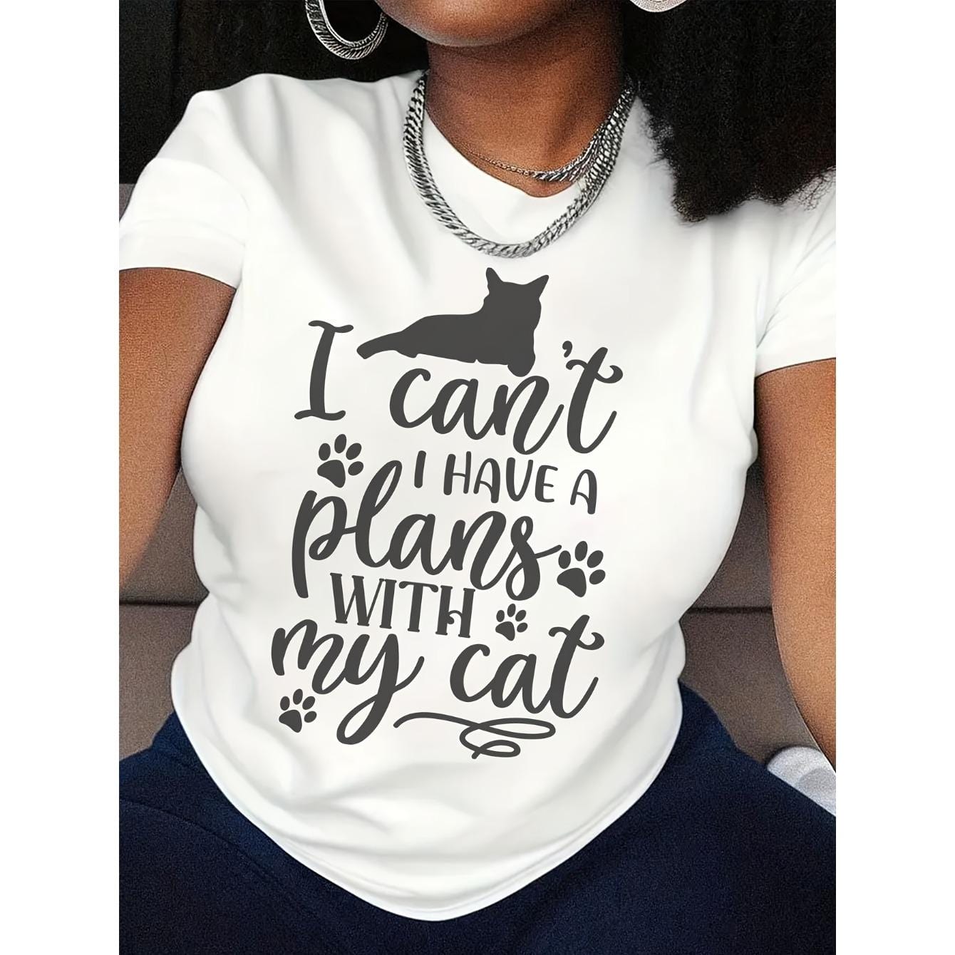 CusPrinting white / S Women's Funny Cat Lover T-Shirt - "I Can't I Have Plans with My Cat" Graphic Tee - Lightweight Crew Neck Top - White Shirt with Black Lettering - Perfect Gift for Female Pet Owners - Spring/Summer Everyday Casual Wear, Cat Tshirt