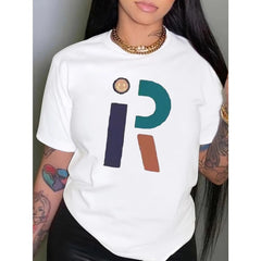 CusPrinting Women'S White T-Shirt with Colorful Letter R Print for Casual Wear