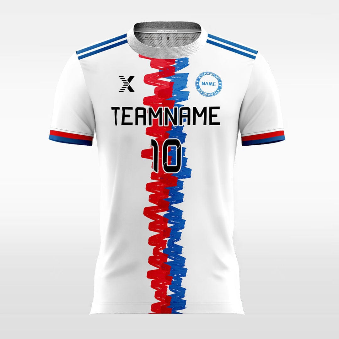 XTeamwear Soccer Jersey Red and Blue Graphic - Custom Kids Soccer Jerseys Design White