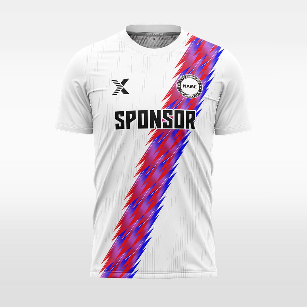 XTeamwear Soccer Jersey White with red stripes / S Custom Soccer Jersey – Striped Lightning Pattern with Crew Neck