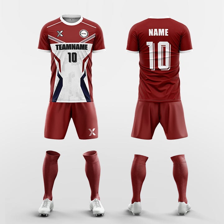 XTeamwear Soccer Uniforms red / S Custom Soccer Kit – Fractured Stripe Design (Jersey, Shorts & Socks)
