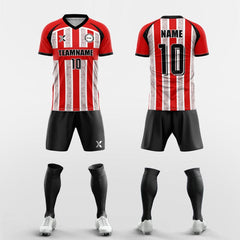 XTeamwear Soccer Uniforms red / S Custom Soccer Kit – Vertical Stripe & Patterned Design with V-Neck (Jersey, Shorts & Socks)