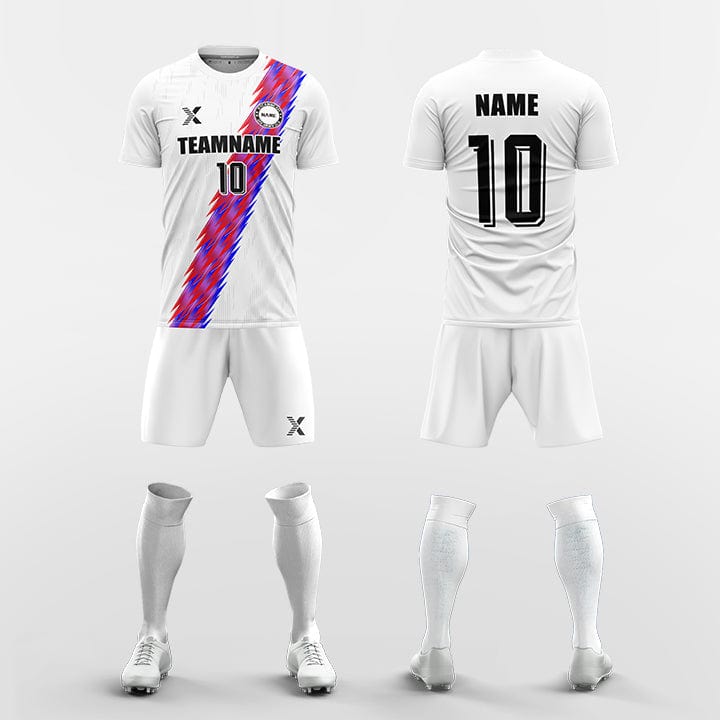 XTeamwear Soccer Uniforms White with red stripes / S Custom Soccer Kit – Lightning Stripe Jersey Set with Shorts & Socks