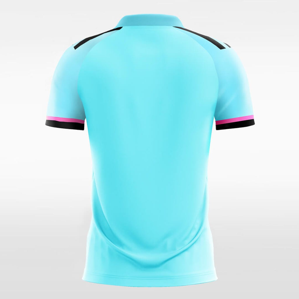 blue and pink short sleeve soccer jersey