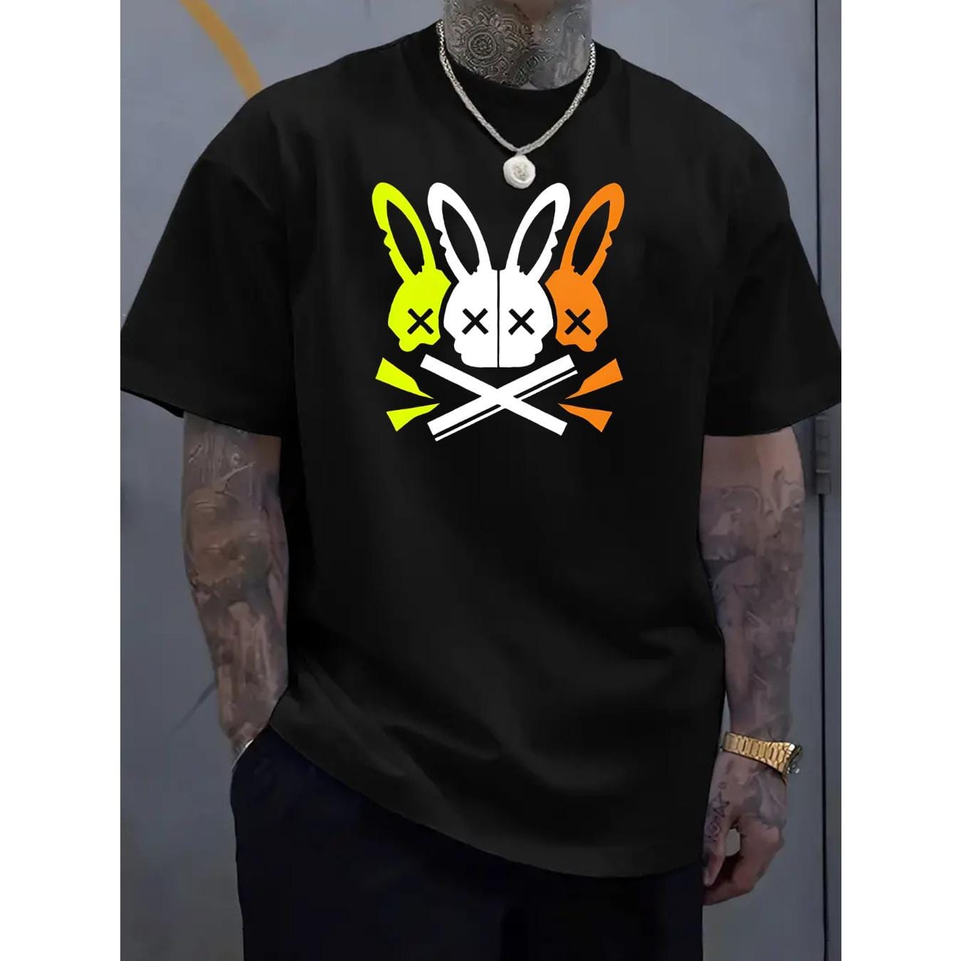 CusPrinting black / S Men's Casual Crew Neck T-Shirt with Unique Bunny Skull Design - Soft and Machine Washable - Perfect for Summer