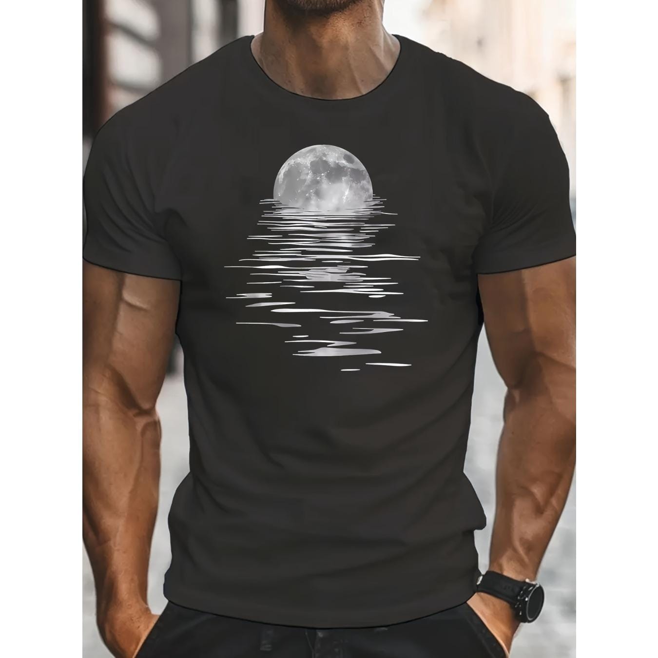 CusPrinting black / S Men's Stylish Moon Creative Print T-Shirt, Crew Neck Short Sleeve, Casual Tee, Versatile Top For Spring And Summer, Trendy Streetwear Fashion