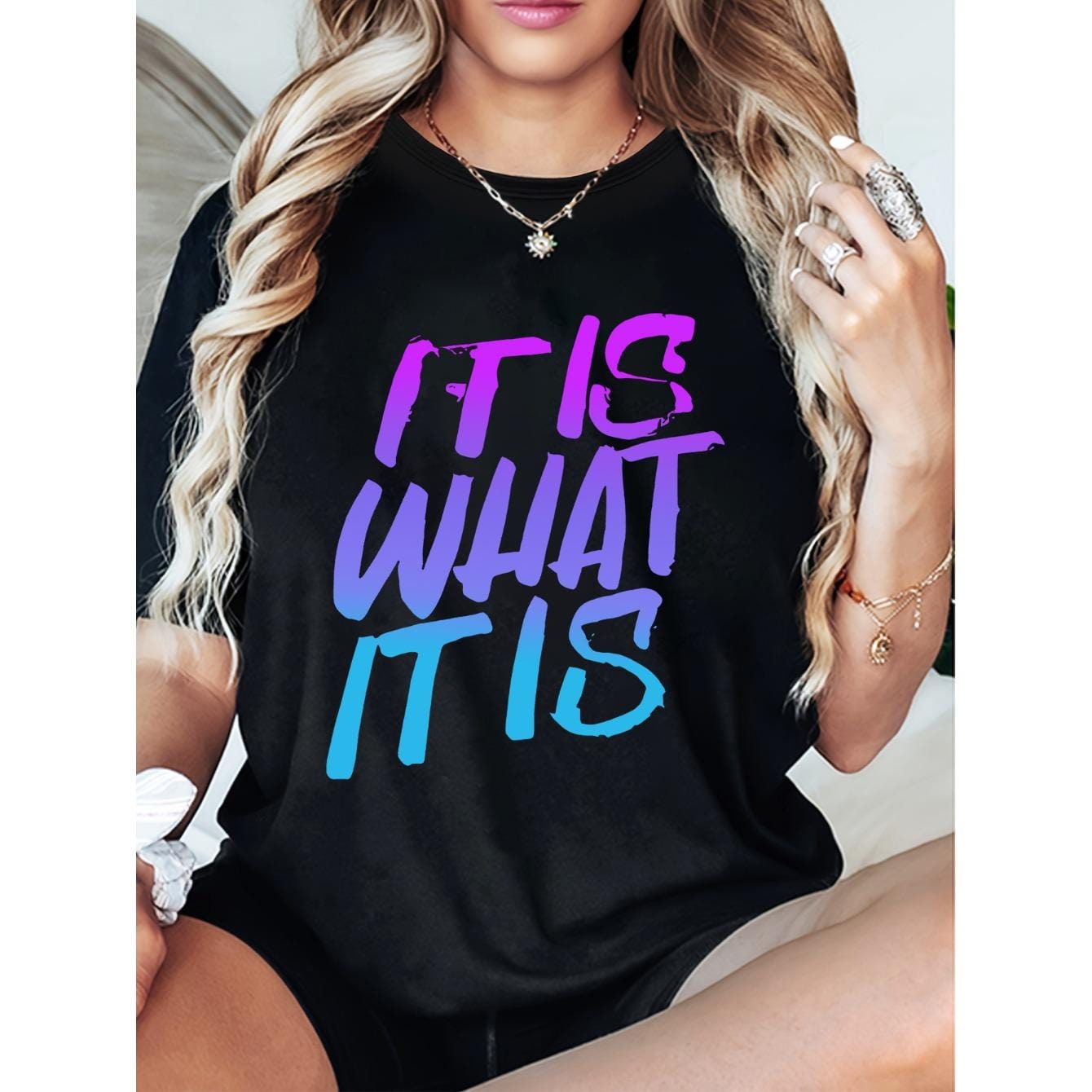CusPrinting black / S Plus Size Women's "IT IS WHAT IT IS" Graphic Print Round Neck T-Shirt - 100% Pure, Lightweight & Breathable Summer Casual Tee for Casual Attire