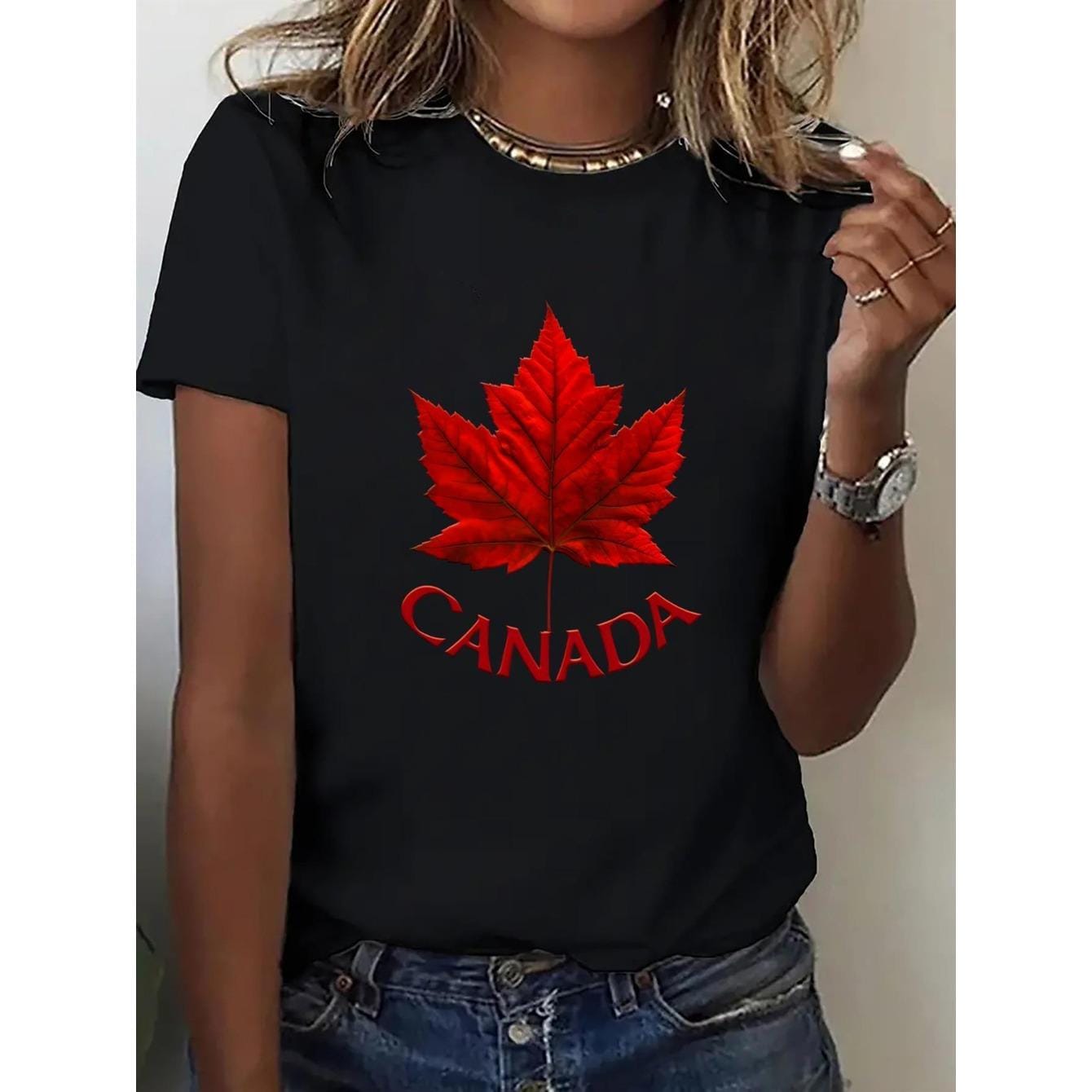 CusPrinting black / S Women's Canadian Maple Leaf Graphic T-Shirt - Black with Red Print, 100% Cotton Soft Breathable Crew Neck Tee, Lightweight Sweat-Absorbent Casual Top