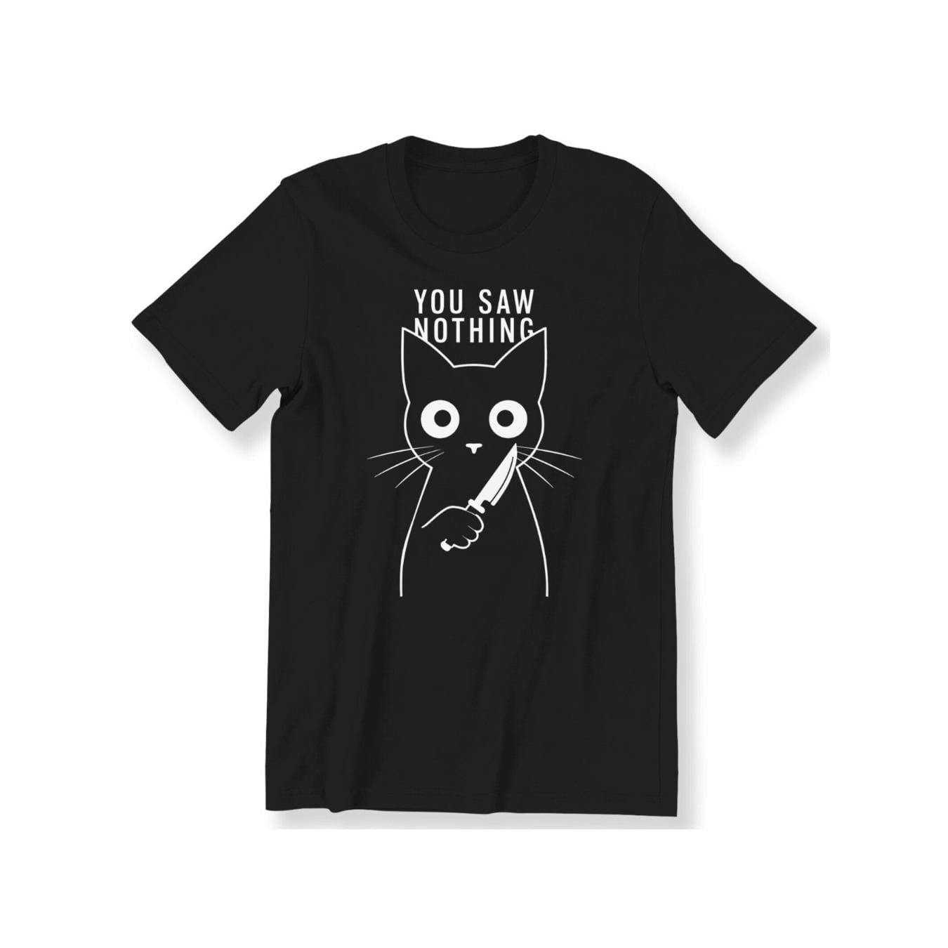CusPrinting Funny cat graphic t-shirts for men and women, black cotton t-shirt with white cat and knife graphic, casual crew neck, machine washable, cat t-shirt