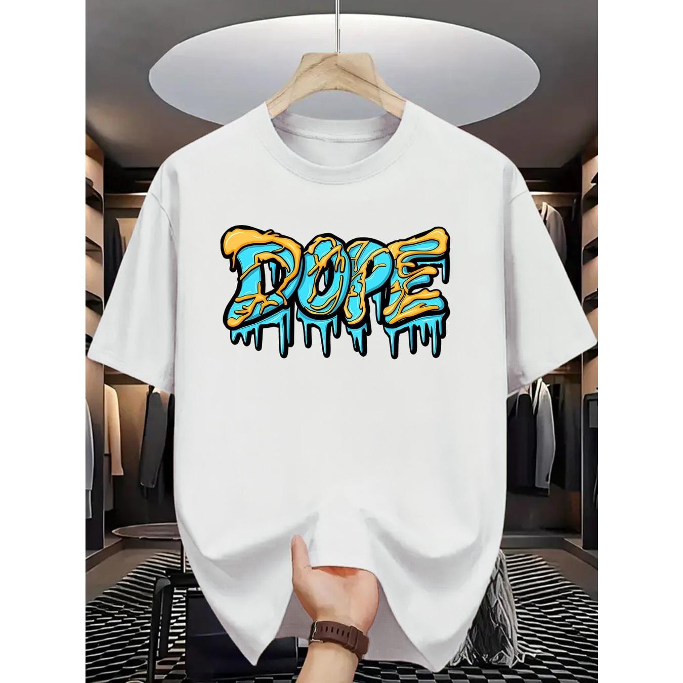 CusPrinting Men's Summer Casual Short Sleeve T-Shirt with Bold Drip Letter Graphic Print - Vibrant Turquoise, Regular Fit, Machine Washable, Comfortable Fit Shirt