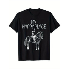 CusPrinting [Soft Cotton | Graphic T-Shirt] Soft Cotton Men's "My Happy Place" Galloping Horse Graphic T-Shirt | Casual Summer Wear, Embrace Joyful Freedom, Highlight Daily Vitality, Fashionable Street Style, Everyday Tshirt | Street Style Fashion | Horse Lover Gift