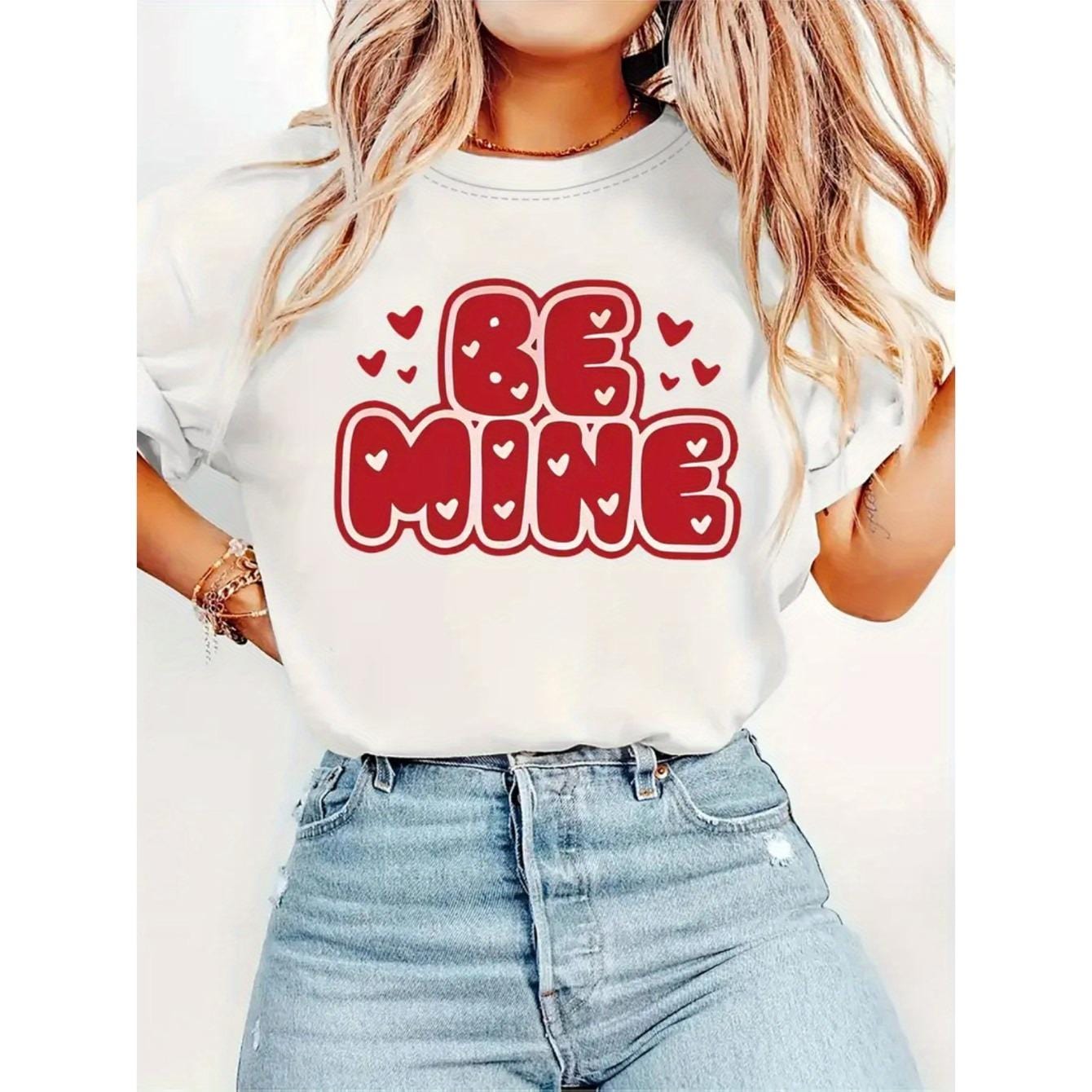 CusPrinting white / S Be Mine" Valentine's Day Women's T-Shirt - Casual Round Neck, Short Sleeve, Soft & Comfortable, White with Red Heart Print, Lightweight , Perfect for Summer Fashion and Casual Attire