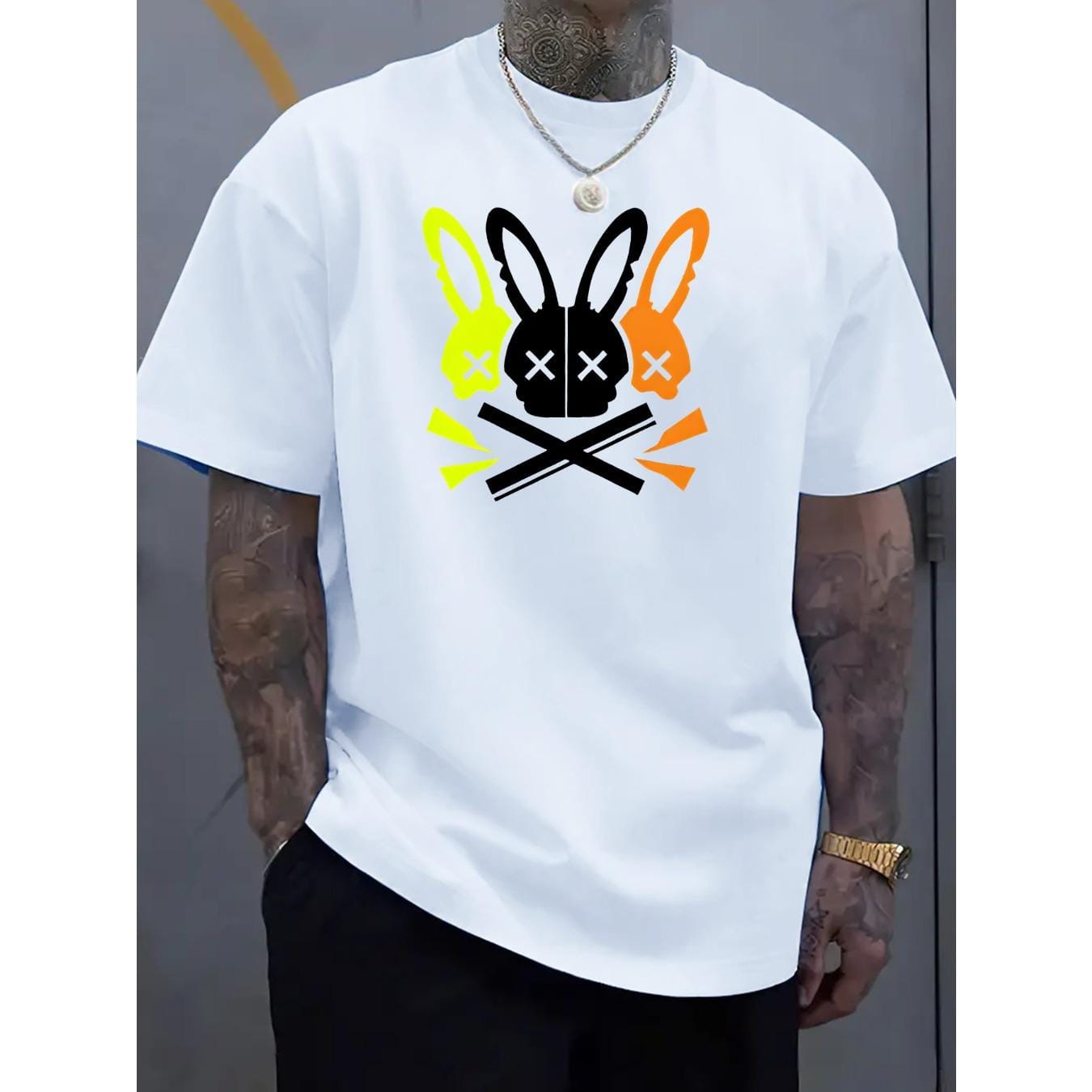 CusPrinting white / S Men's Casual Crew Neck T-Shirt with Unique Bunny Skull Design - Soft and Machine Washable - Perfect for Summer