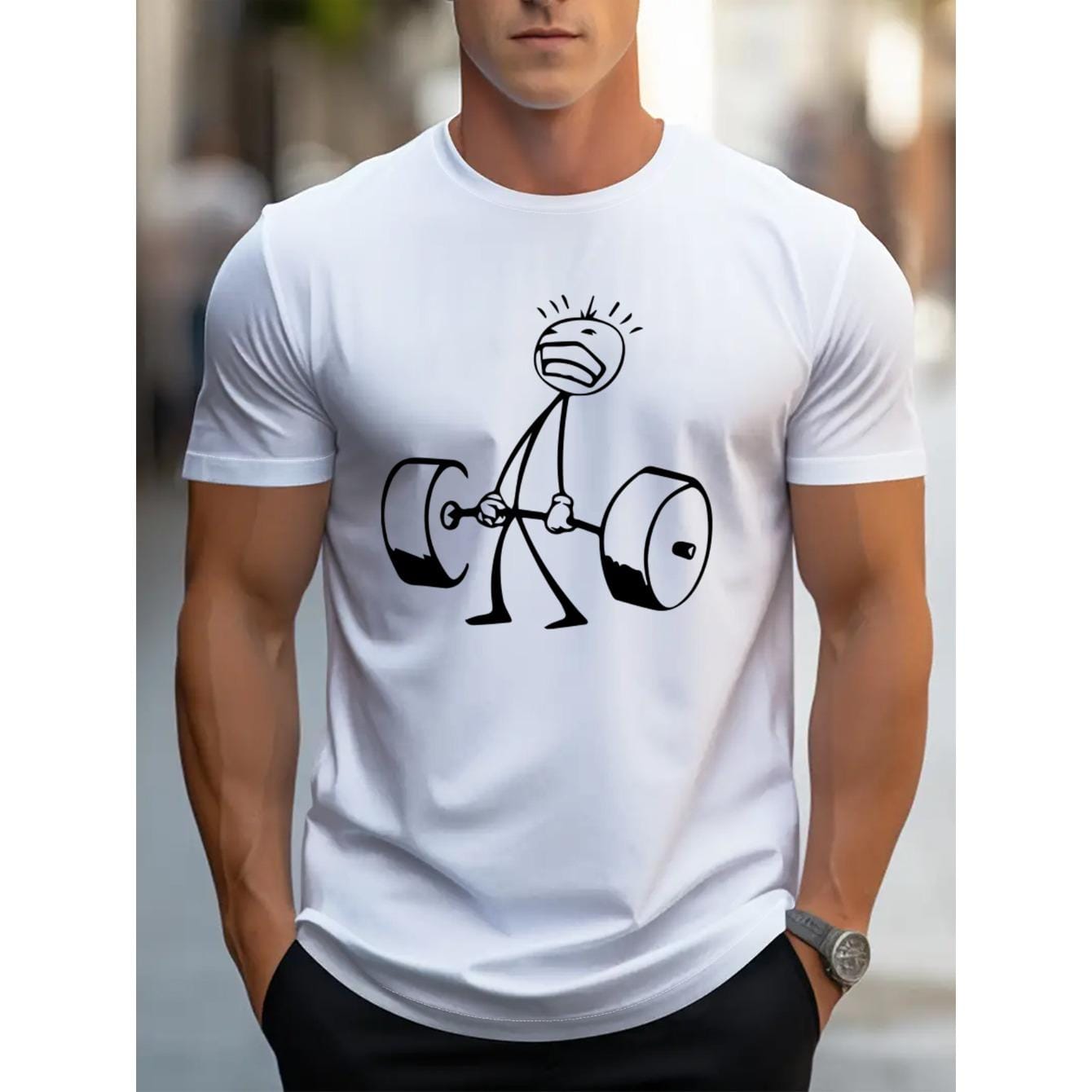 CusPrinting white / S Men's Graphic Weightlifting Print T-Shirt, Casual Street Style Breathable Crew Neck Tee, Short Sleeve Comfort Top for Spring/Summer Vacation, White with Black Dumbbell Design, Gym Shirt, Summer Leisurewear, Durable Fabric