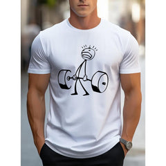 CusPrinting white / S Men's Graphic Weightlifting Print T-Shirt, Casual Street Style Breathable Crew Neck Tee, Short Sleeve Comfort Top for Spring/Summer Vacation, White with Black Dumbbell Design, Gym Shirt, Summer Leisurewear, Durable Fabric