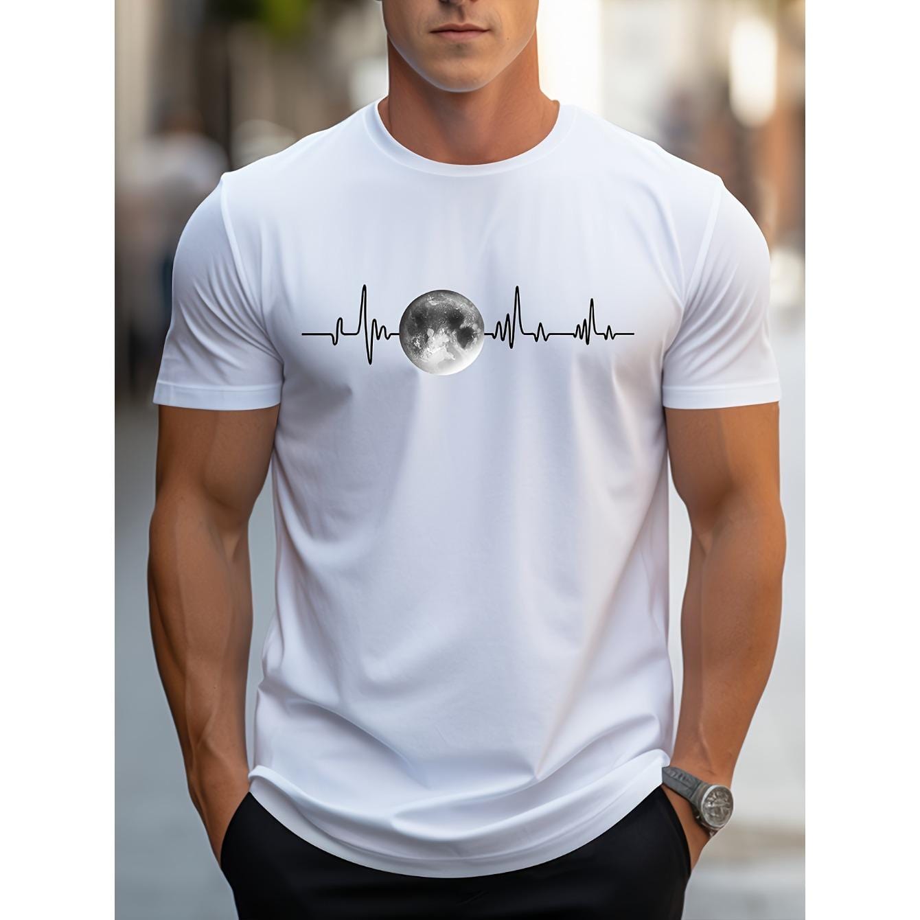 CusPrinting white / S Men's Moon Phase Graphic Tee - Casual Crew Neck Short Sleeve Tee, Summer Machine Washable