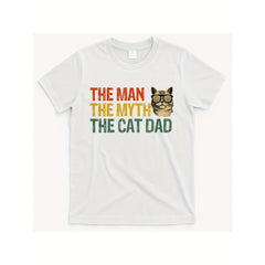 CusPrinting white / S Men'S Vintage "The Man, The Myth, The Cat Dad" Graphic T-Shirt - Retro Anime Cat Design, Cotton, Round Neck, Short Sleeve, All-Season Comfort Fit, Cat Dad T Shirts