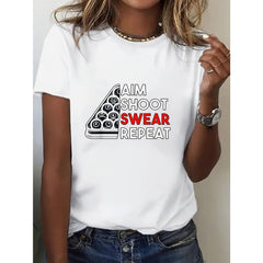 CusPrinting white / S Plus Size, Women's AIM SHOOT REPEAT Target Design Graphic Tee - White Casual T-Shirt with Red/Black Geometric Pattern, Machine Washable Round Neck, Regular Fit for Female Shooters, Gaming Enthusiasts & Outdoor, Comfortable Fit Shirt