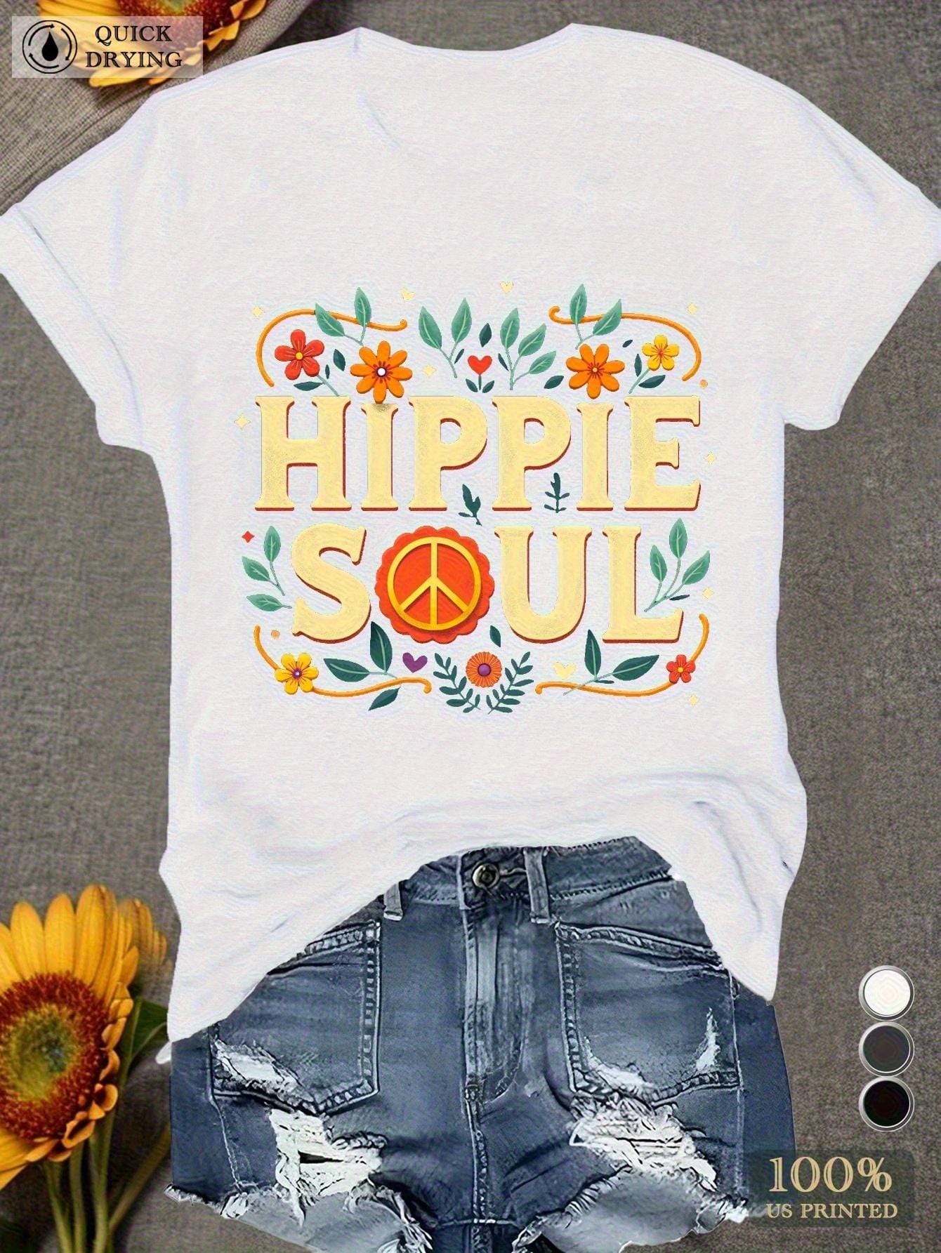 CusPrinting white / S teediy HIPPIE SOUL Women's Comfit T-Shirt Regular Fit Short Sleeve, Geometric Floral Peace Sign Print, Lightweight  Machine Washable Casual Top for All Seasons