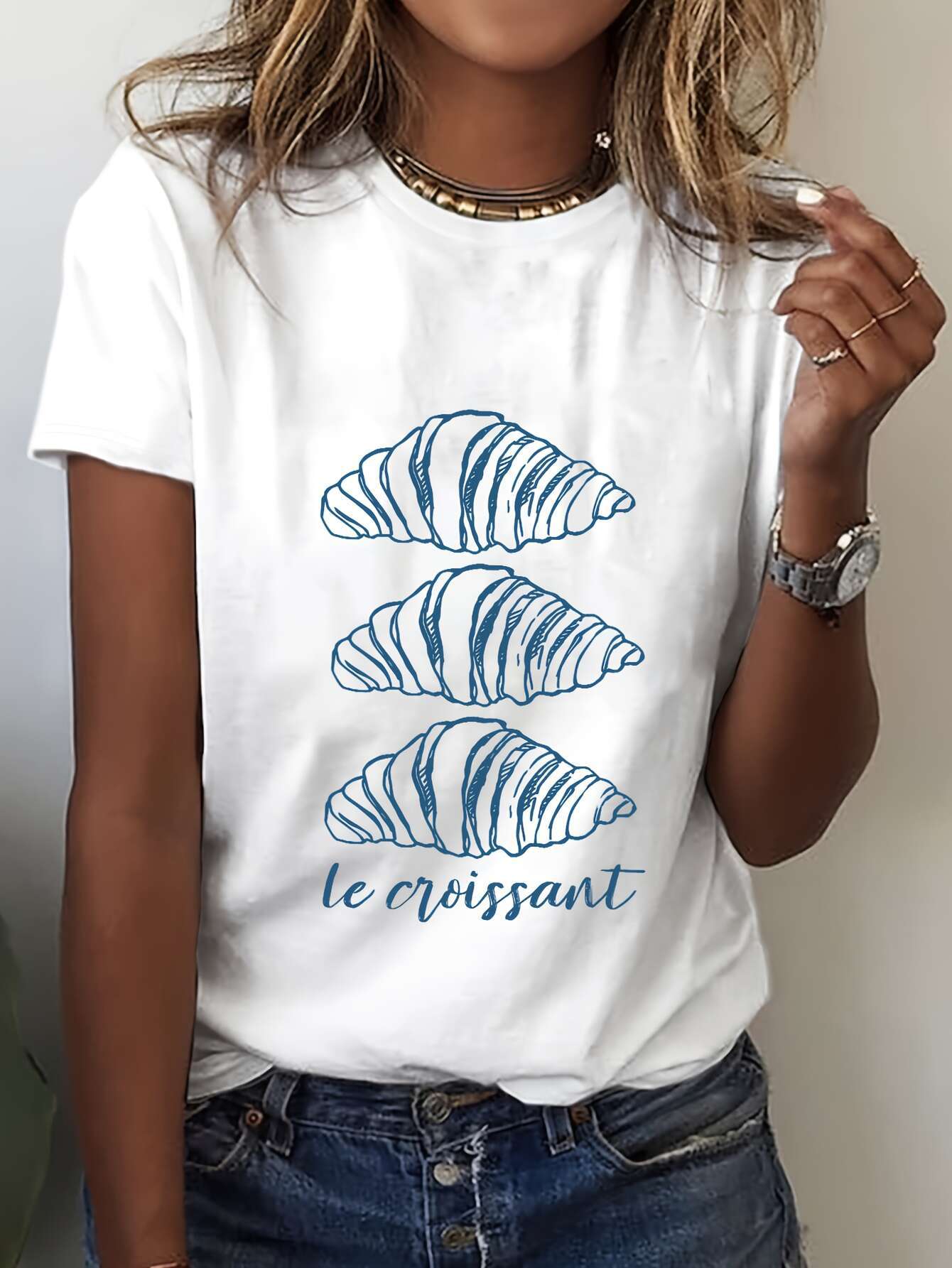 CusPrinting white / S Women'S Casual Crew Neck T-Shirt with Blue Crisscross Design, Short Sleeve, Regular Fit, SpringSummerFall Fashion Top - QD-4435