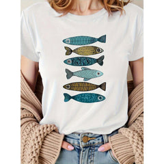 CusPrinting white / S Women's casual short sleeve t-shirt with vibrant feminine fish graphic print - white, machine washable, comfortable casual wear for all seasons, women's t-shirt, summer wear, playful design, soft fabric texture, comfortable top, short sleeve top