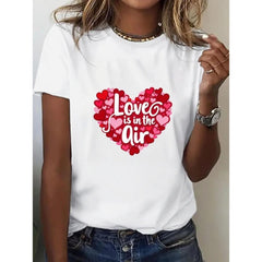 CusPrinting white / S Women's clothing 100% pure cotton 180g-Women's Romantic Valentine's Day Red Heart & Bow Print Short Sleeve T-Shirt - SweetChic, Ideal for Dates & Daily Wear