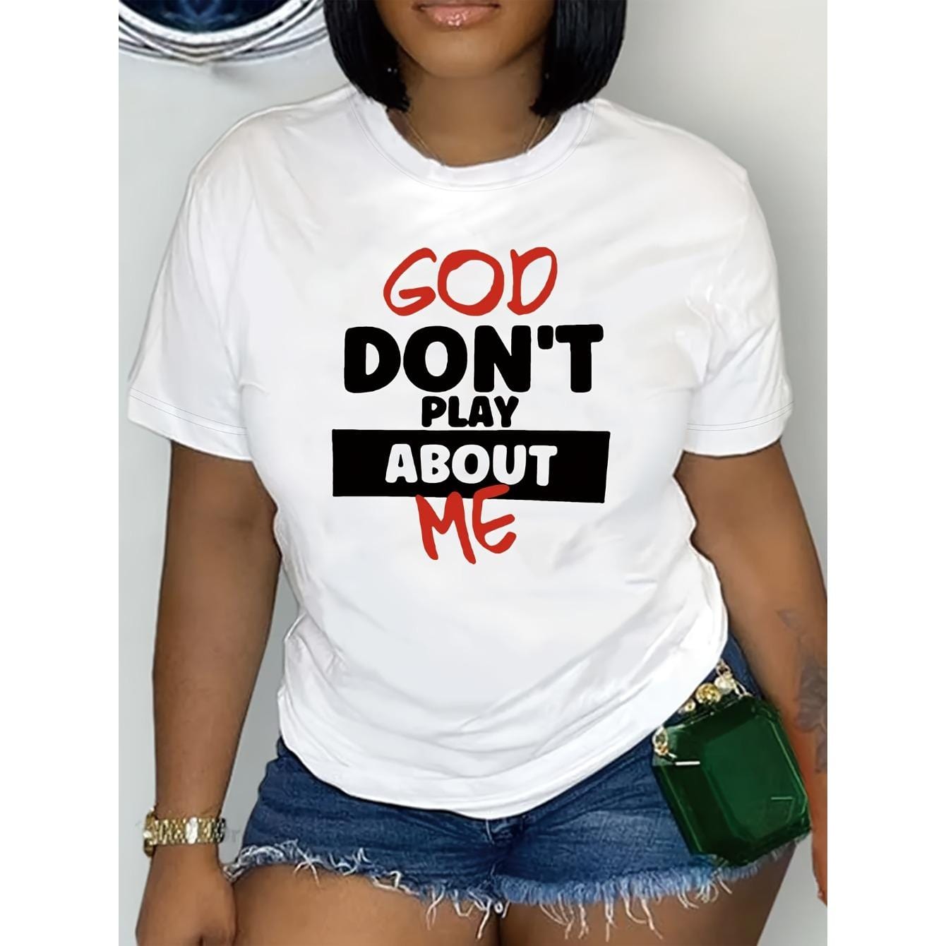 CusPrinting white / S Women'S "God Don't Play with Me" Graphic T-Shirt - Casual Crew Neck, Short Sleeve, Comfortable Spring/ Summer Top, White with Black & Red Print, Lightweight
