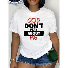 CusPrinting white / S Women'S "God Don't Play with Me" Graphic T-Shirt - Casual Crew Neck, Short Sleeve, Comfortable Spring/ Summer Top, White with Black & Red Print, Lightweight