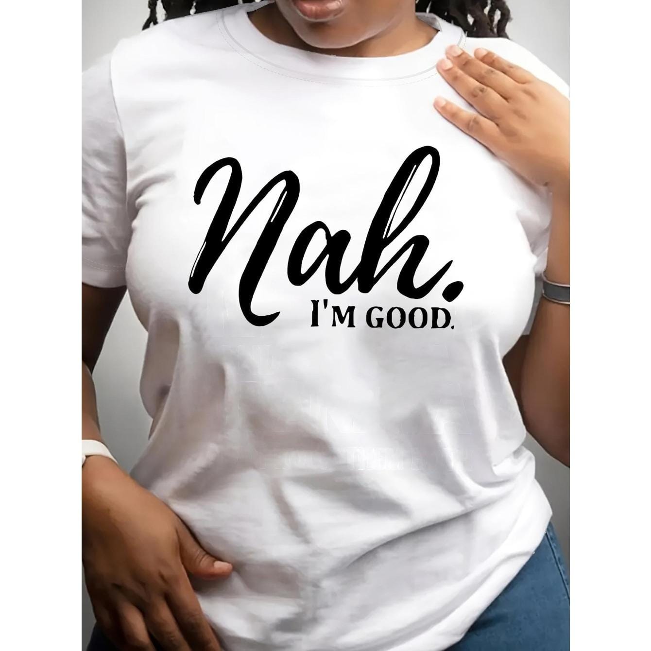 CusPrinting white / S Women'S "Nah. I'm Good" Slogan Graphic T-Shirt - White Casual Short Sleeve Round Neck Tee, Machine Washable Regular Fit for Spring Summer Fall, Casual Attire, Relaxed Fashion, Comfortable Clothing