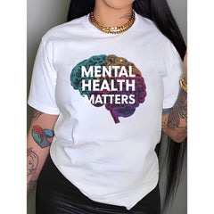 CusPrinting white / S Women'S T-Shirt - Y2K Style White Casual Tee with Brain & Puzzle Design, Drop Shoulder Short Sleeve Round Neck, Machine Washable Spring Summer Top, Female T Shirts, Everyday Top, Relaxed Fit, Easy Care, Printed Shirt, Fashion Lovers, Streetwear Style