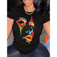 CusPrinting Women's Abstract Face Print T-Shirt - Vibrant Color Block Design, Medium Stretch Crew Neck Casual Top for Spring/Summer Outdoor Wear, Machine Washable, Comfortable Stretch Fabric, Ladies T Shirts