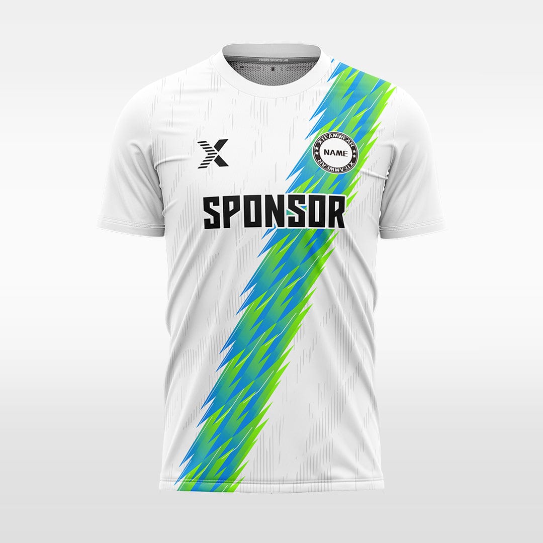 XTeamwear Soccer Jersey White with green stripes / S Custom Soccer Jersey – Striped Lightning Pattern with Crew Neck